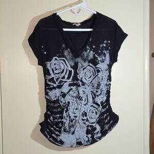 NYC Size Large bedazzled rhinestone Black with White Butterfly Ruching